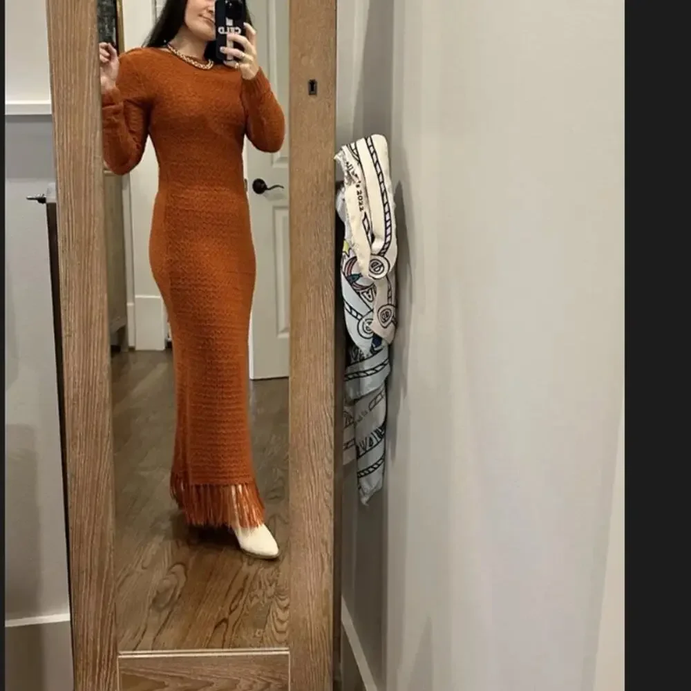 Pamela Love Clay Brown Crochet Maxi Dress LARGE Sweater Fringe Designer $395 - Picture 5 of 13
